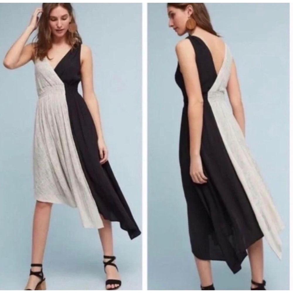 Maeve Anthropologie Elisabel Midi Dress Women Large Black Beige Colorblock Flowy